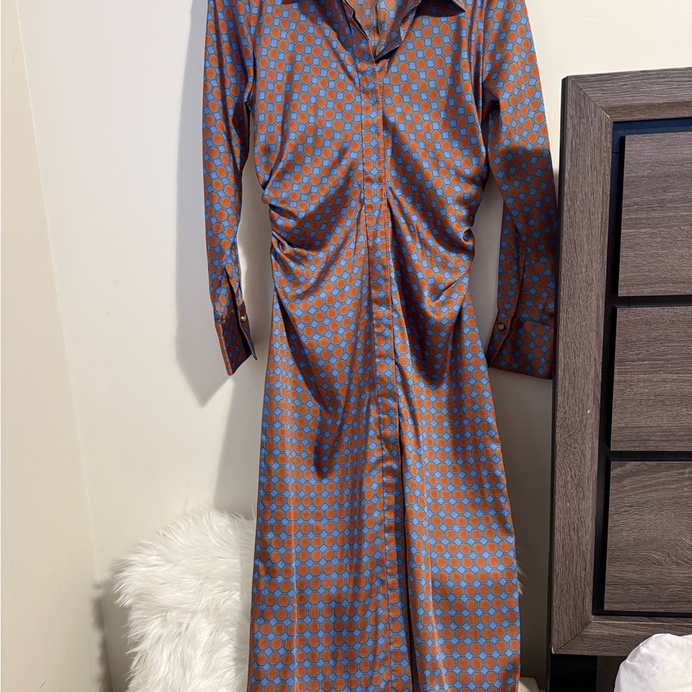 Zara Elegant Brown and Blue Polka Dot Dress